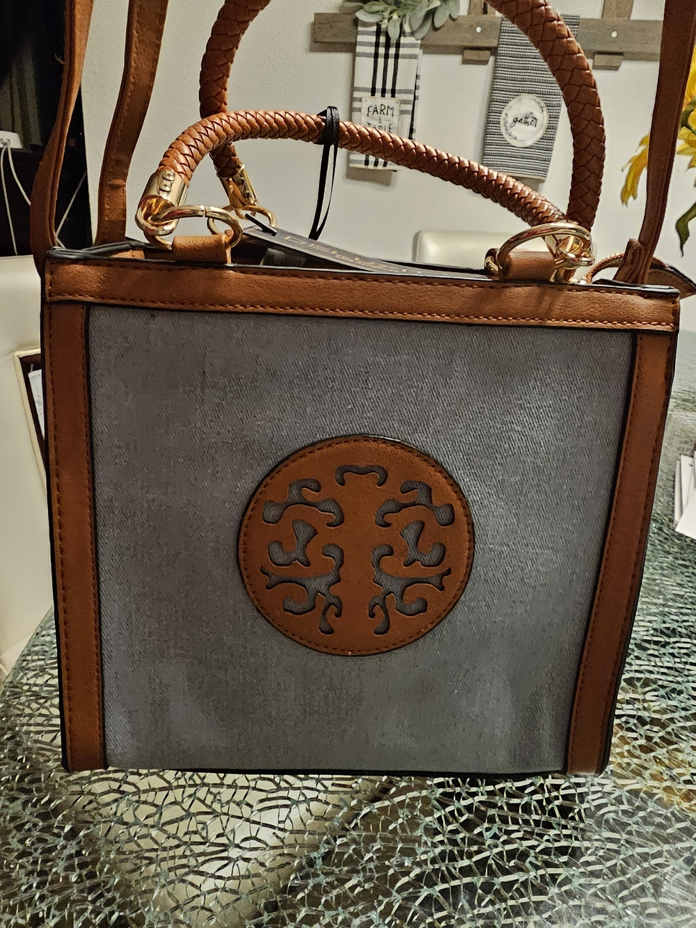 Structured Tote Bag in Blue(Denim Look) and Brown
